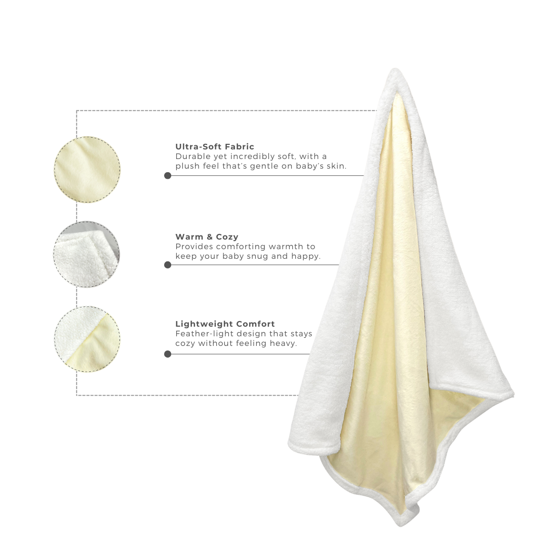 Close-up of beige baby blanket highlighting ultra-soft fabric, warm sherpa lining, and lightweight comfort features.