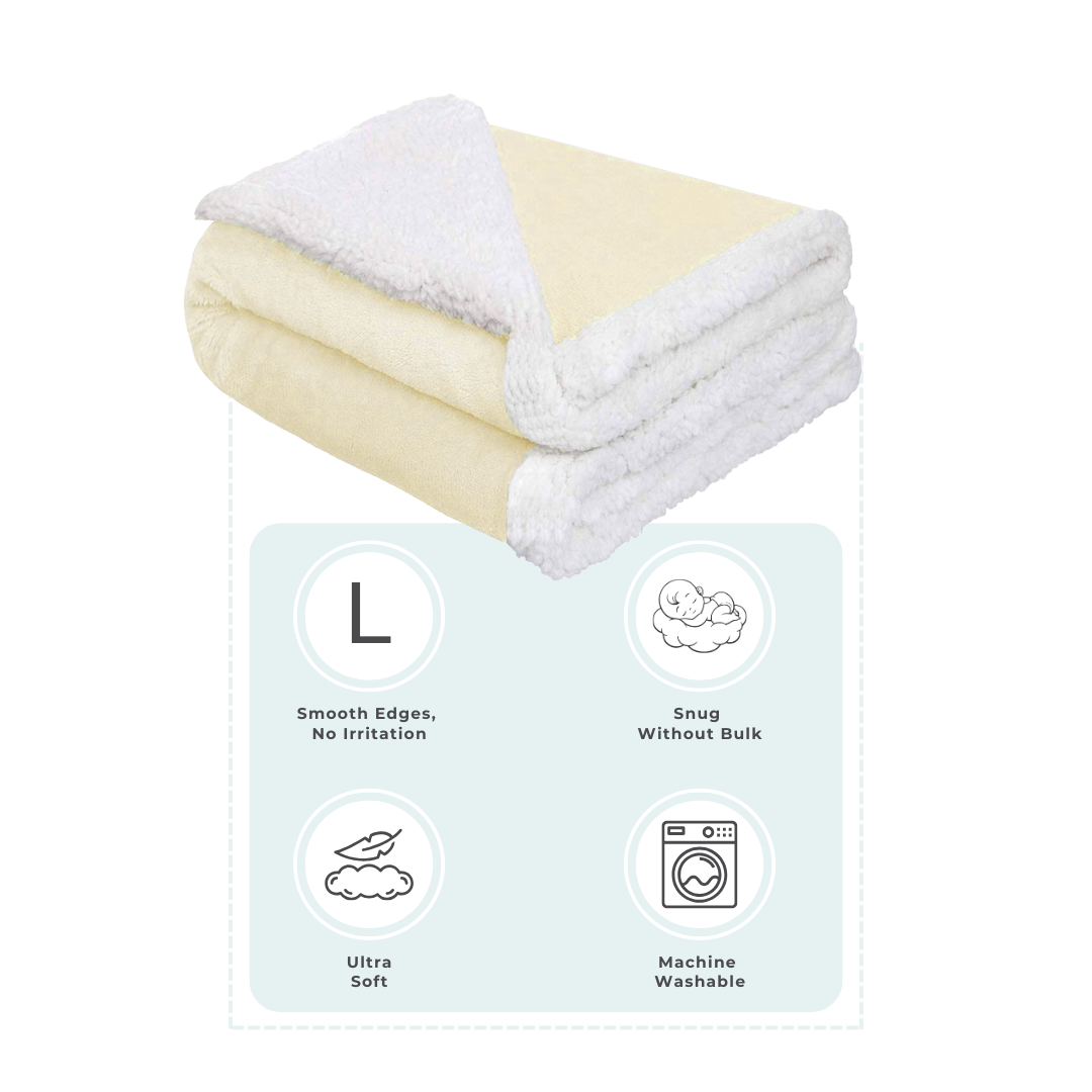 Beige baby blanket with smooth edges, ultra-soft feel, snug warmth without bulk, and machine-washable design.