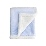 Blue baby blanket with ultra-soft plush fabric and white sherpa backing, folded to show dual-texture design.