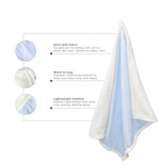 Close-up of blue baby blanket highlighting ultra-soft fabric, warm sherpa lining, and lightweight comfort features.