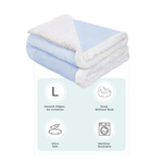 Blue baby blanket with smooth edges, ultra-soft feel, snug warmth without bulk, and machine-washable design.