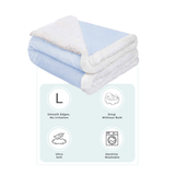 Blue baby blanket with smooth edges, ultra-soft feel, snug warmth without bulk, and machine-washable design.