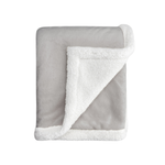 Grey baby blanket with ultra-soft plush fabric and white sherpa backing, folded to show dual-texture design.