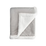 Grey baby blanket with ultra-soft plush fabric and white sherpa backing, folded to show dual-texture design.