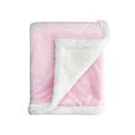 Pink baby blanket with ultra-soft plush fabric and white sherpa backing, folded to show dual-texture design