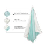 Close-up of Turquoise baby blanket highlighting ultra-soft fabric, warm sherpa lining, and lightweight comfort features.