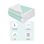 Turquoise baby blanket with smooth edges, ultra-soft feel, snug warmth without bulk, and machine-washable design.